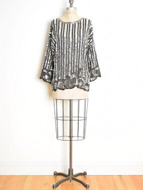 vintage 80s sequin top black silver beaded striped trophy shirt blouse L XL